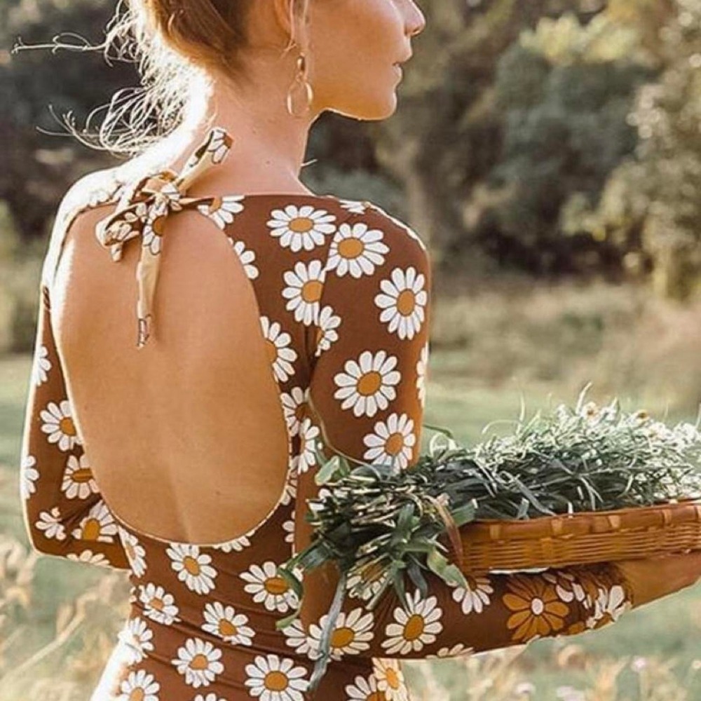 Attraco Brown & white daisy print one piece swimsuit